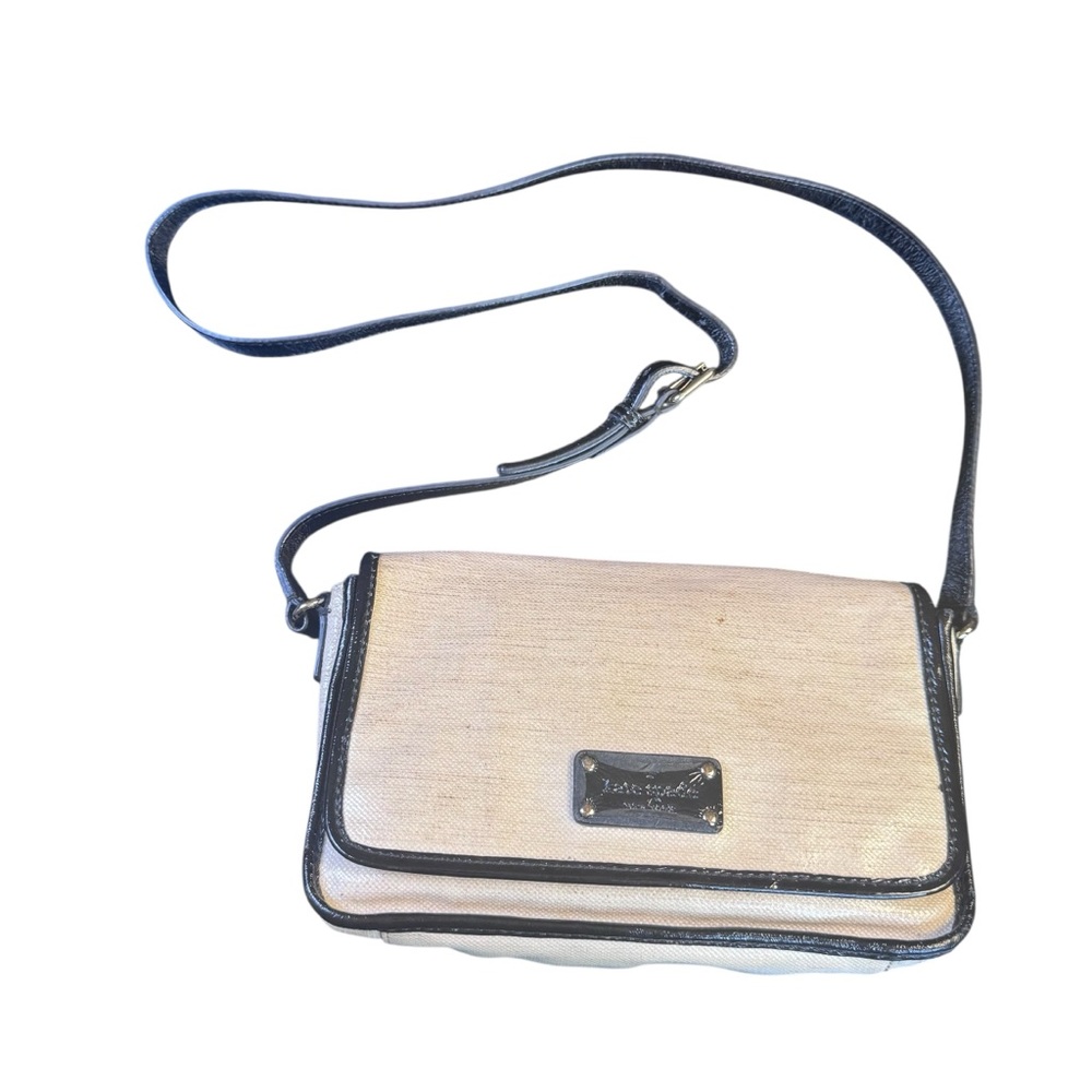 Kate Spade Tan Coated Canvas Crossbody Black Patent Trim Floral Lining Bag